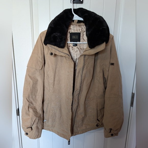 NILS Faux Fur Floral Embroidered Ski Jacket Women's 4 Light Tan/Brown - Picture 1 of 8